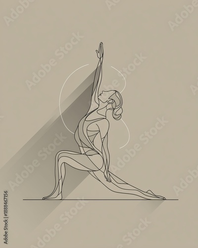 A clean, modern line art illustration of a female figure performing a lunge yoga pose, featuring geometric accents and soft shadows on a neutral beige background
