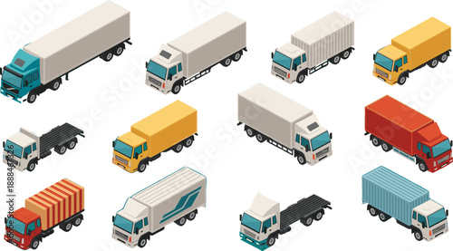 Photos Isometric Cargo Truck Illustrations Featuring Diverse Designs, Containers, and C