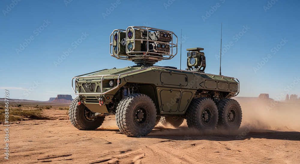 Fototapeta premium 広域監視用のセンサーユニットを搭載した6輪UGV。高度な国境警備と防衛。 / 6-wheeled UGV equipped with multi-sensor units. Advanced border security and defense.