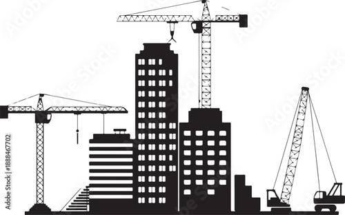Diverse city skyline silhouette showing various construction cranes and developing urban structures