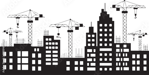Black silhouette of a bustling city skyline featuring numerous active construction cranes and evolving buildings