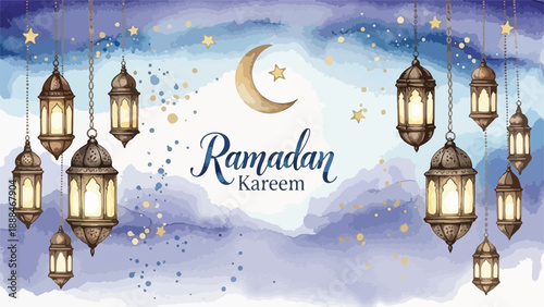 Ramadan Kareem greeting card with lanterns