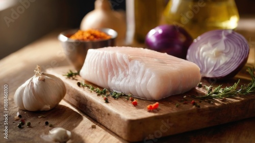 Wooden cutting board with raw halibut, garlic, red onion, red pepper flakes, thyme, olive oil, and spices. Rustic, appetizing composition.