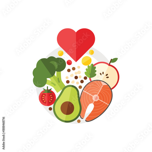 Healthy Foods Heart Plate with Salmon Avocado and Greens