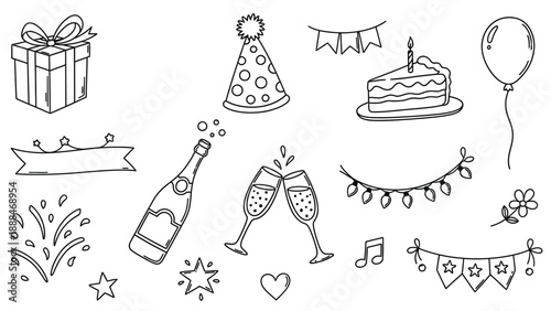 Hand drawn party celebration elements with gift, cake, and champagne.