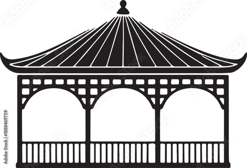 Traditional oriental asian gazebo silhouette with ornate roof and pillars on transparent background