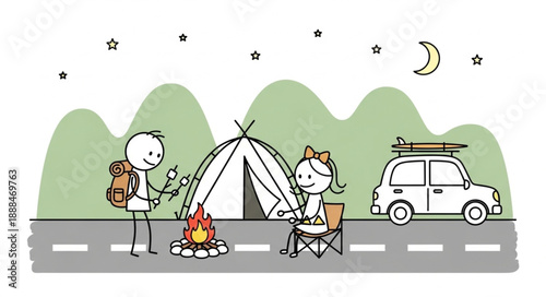 Stick figures enjoying a camping trip with a tent and campfire.