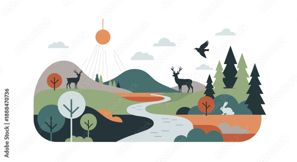 Fototapeta premium Illustrated Landscape: A stylized depiction of a vibrant natural landscape, blending simplicity with visual appeal, features rolling hills, flowing streams, and diverse wildlife.