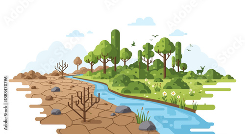 Contrast of Life: An illustration of a stark juxtaposition of nature's beauty and the devastation of environmental degradation, as a river flows between the vibrant greenery and parched earth. 