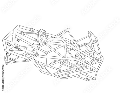 Foto Wireframe Depiction of High-Performance Fast Attack Vehicle Chassis: Technical Drawing Outline Illustration Showing Tube Frame Structure, Roll Cage, and Independent Suspension Blueprint Schematic