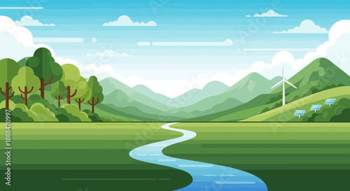 Vivid Nature's Panorama: A dynamic illustration encapsulates the tranquility of nature, showcasing rolling hills, a winding river, and a clear blue sky, evoking a sense of calm and rejuvenation.