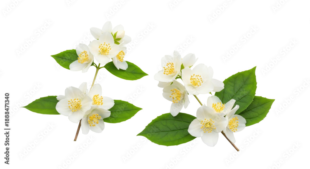 Fototapeta premium White jasmine flowers with green leaves transparent background, cutout png