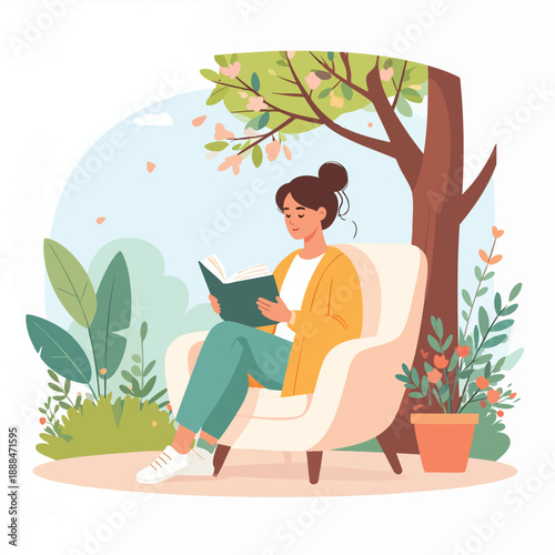 Woman reading a book in a serene garden surrounded by nature and flowers from a relaxed viewpoint