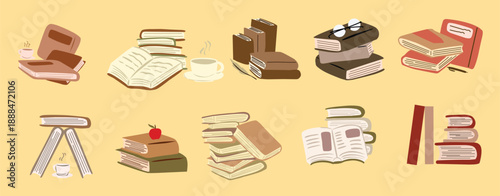 aesthetic hand drawn illustration set of book piles in soft