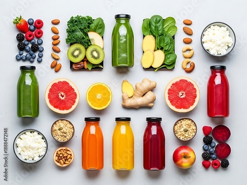 Healthy food arrangement showing vibrant fruits, vegetables and smoothies