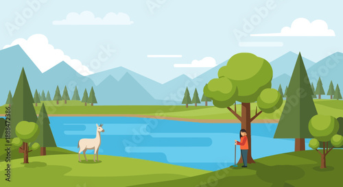Tranquil Lakeside Scene: An idyllic panorama unfolds, showcasing a serene lake fringed by vibrant green meadows, majestic mountains, and a contemplative figure, embodying the essence of peace. 