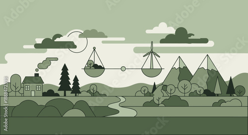 Ecology: Illustration of environment, natural scene representing the balance between humans and nature.