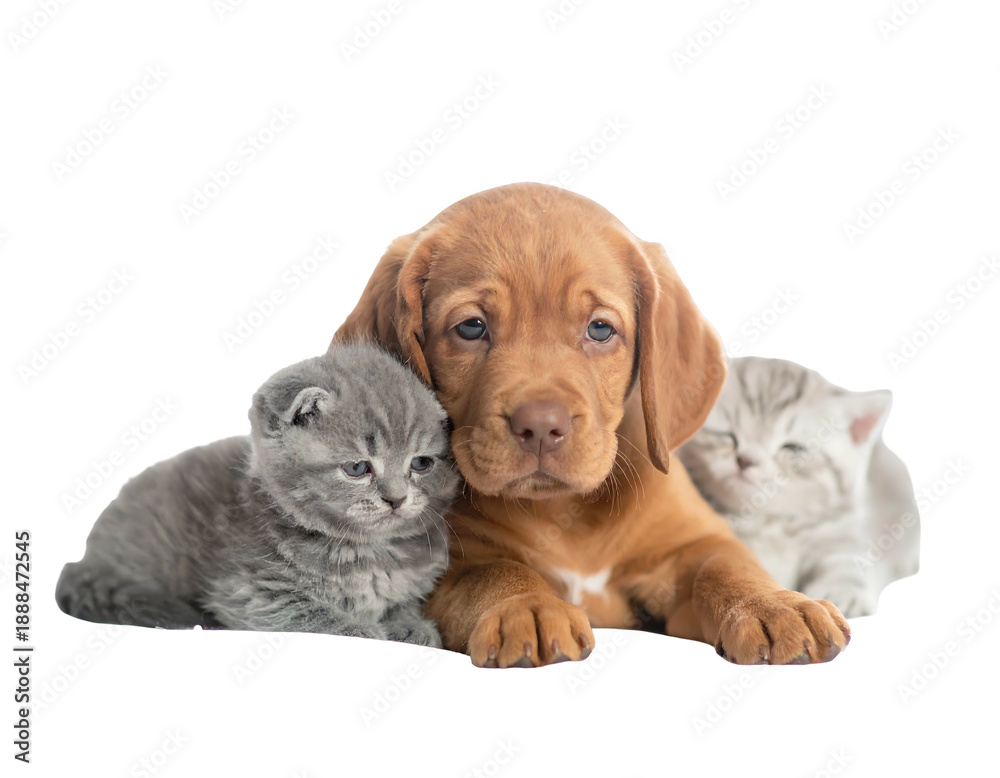 Obraz premium A golden-brown puppy snuggles between two fluffy kittens against a dark background, evoking friendship