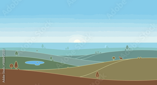 Panoramic Landscape: A serene landscape, where rolling hills merge with the horizon under a clear, endless sky.