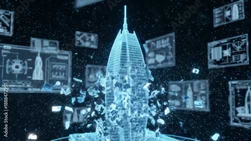 Building Wireframe Model Simulates Destruction and Then Rebuilds