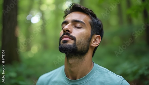 Man breathes deeply in green forest. Male meditates outdoors connecting with nature. He finds inner peace and calm. Mindful person practices wellness.