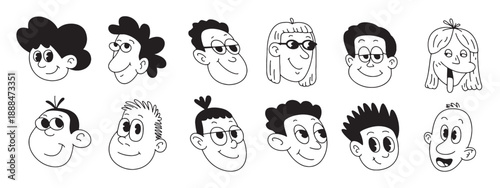  cartoon faces of people black and white