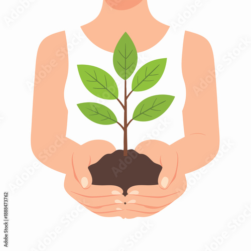 Hands cradling a young plant with green leaves in soil, nurturing growth and new life