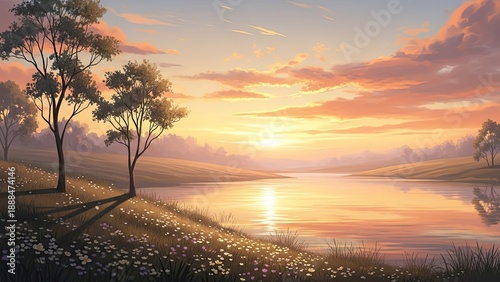 Peaceful sunset landscape with water reflection, pastoral scene, soft painting style, golden hour, tranquil nature, calm, idyllic, summer evening light