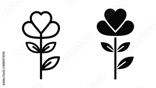 Simple black line art flower illustration with heart shaped petals