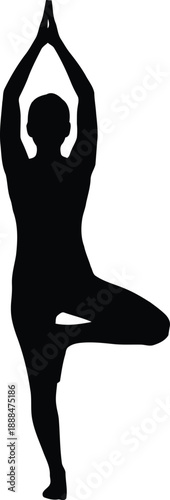 Black silhouette of person in tree pose with hands clasped overhead