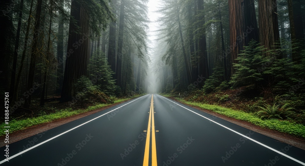 Fototapeta premium Serene forest road with sunbeam shining through trees