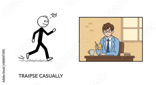 Stick figure running away from a bird and a man in a suit at a desk.
