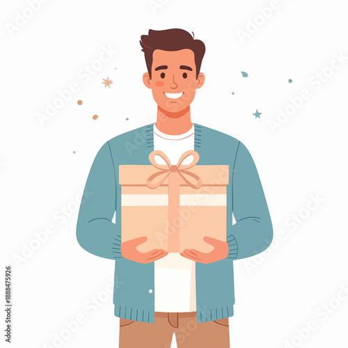 A smiling man holding a beautifully wrapped gift box with a ribbon in a celebratory atmosphere
