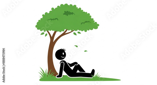 Stick figure relaxing under a green tree on a sunny day.