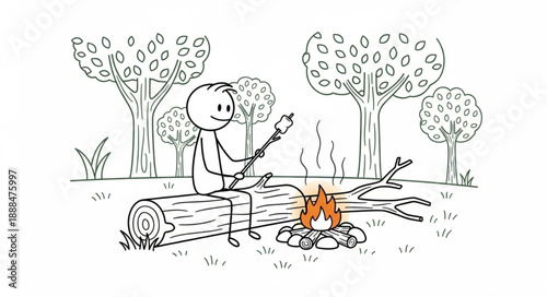 Stick figure roasting marshmallow over campfire in forest.