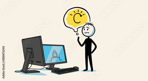 Stick figure thinking about computer problem with lightbulb idea.