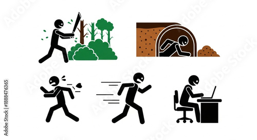 Stick figure thief in various criminal activities and escape attempts.