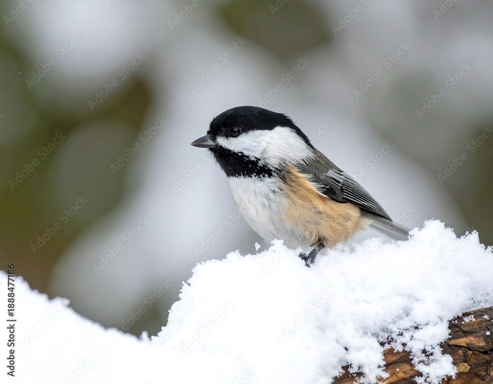 Fototapeta premium A small bird perches on a snowy branch (1)