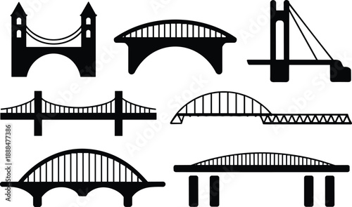 Black bridge icon collection featuring suspension arch cable and modern bridge silhouettes isolated on white background for infrastructure design