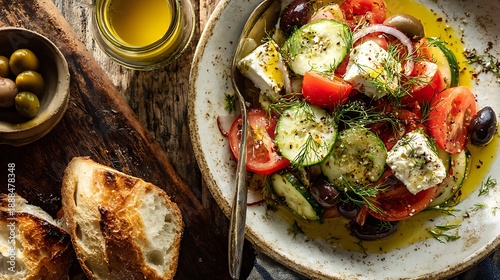 Vibrant Greek salad featuring fresh cucumbers, ripe tomatoes, black olives, and feta cheese.