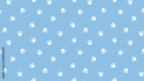 Seamless pattern with white hand-drawn paw prints on a blue background, cute animal footprints vector