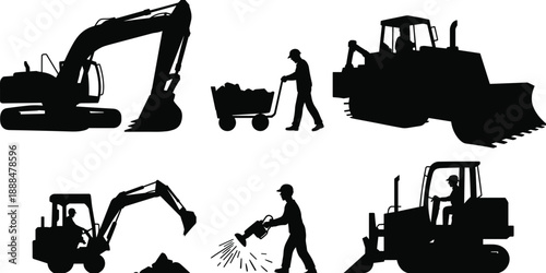 Black construction machinery and worker silhouettes showing excavator bulldozer loader and manual labor activities isolated on white background for industry use