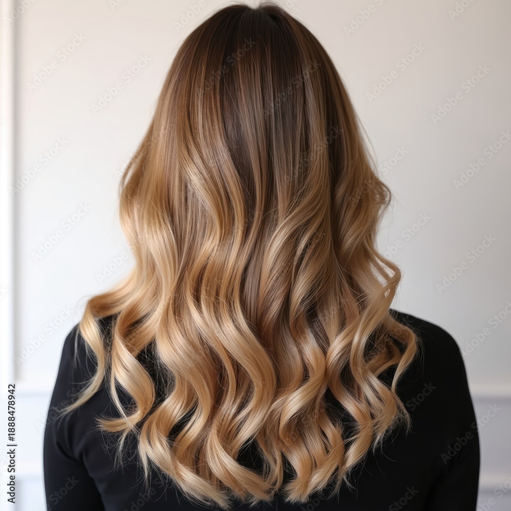 Naklejka premium Woman with long blonde balayage hair shows off soft waves. Healthy hair has natural highlights. Modern beauty trend emphasizes natural looks.