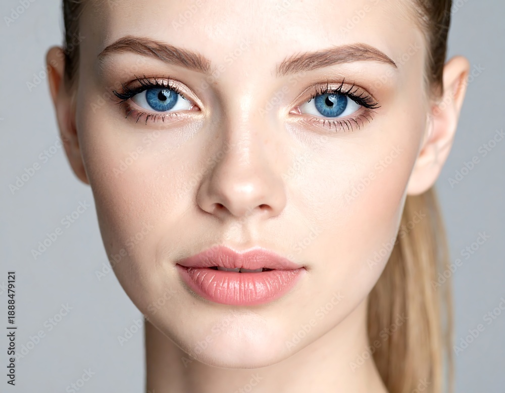 Fototapeta premium Close-up of fair-skinned woman with bright blue eyes, neutral backdrop