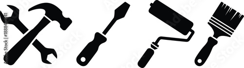 Black tool icon set with hammer wrench screwdriver paint roller and brush silhouettes isolated on white background for construction design