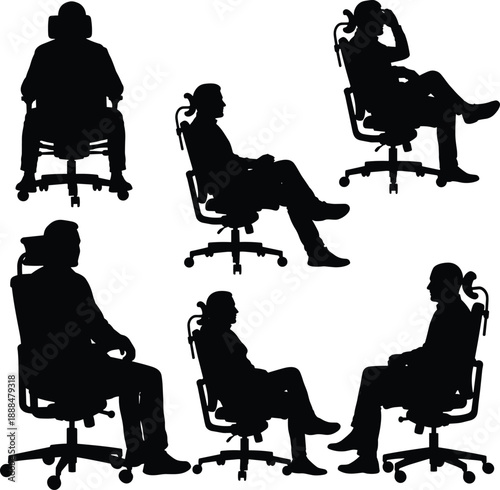 Office chair sitting posture silhouette set showing people in different seated positions for workplace ergonomics, comfort, behavior, and professional lifestyle concepts