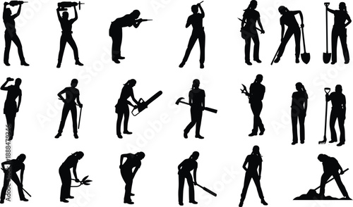 Black worker silhouette icon set showing construction gardening repair and labor activities isolated on white background for industry design