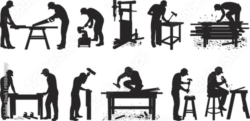 Carpentry and woodworking silhouette set showing craftsmen sawing drilling hammering and shaping wood in workshop isolated on white background