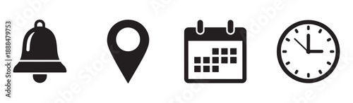 Set of icons including bell, map pin, calendar, and clock