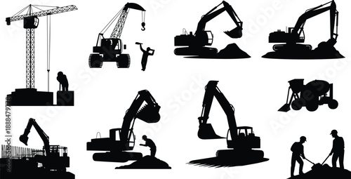 Construction machinery silhouettes including crane excavator loader workers heavy equipment industrial site operations isolated on white background vector illustration